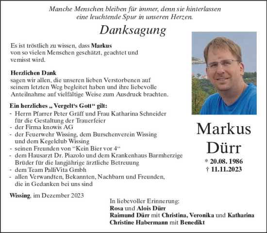 Traueranzeige von Markus Dürr von Neumarkter Tagblatt