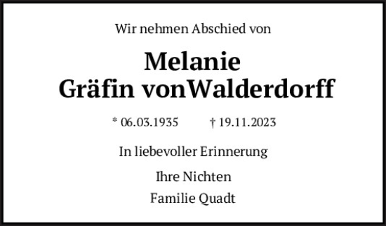 Traueranzeige von Melanie Gräfin von Walderdorff von Mittelbayerische Zeitung Regensburg