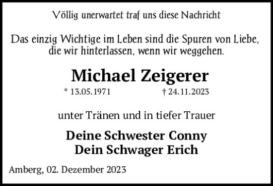 Traueranzeige von Michael Zeigerer von Mittelbayerische Zeitung Schwandorf