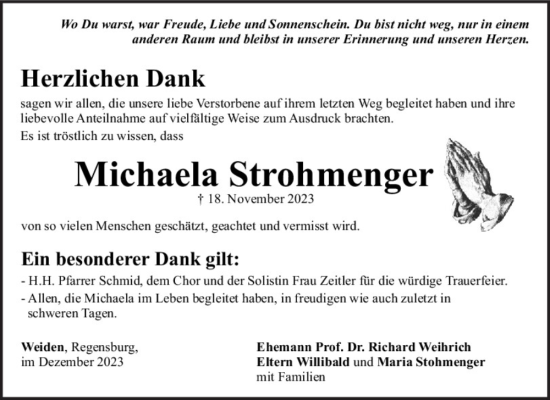 Traueranzeige von Michaela Strohmenger von Mittelbayerische Zeitung Regensburg