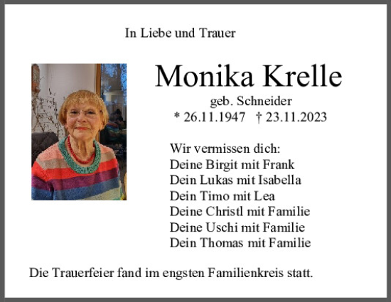 Traueranzeige von Monika Krelle von Mittelbayerische Zeitung Regensburg