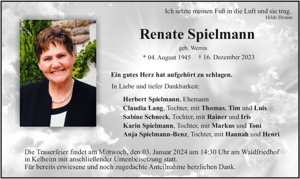  Traueranzeige für Renate Spielmann vom 29.12.2023 aus Mittelbayerische Zeitung Kelheim