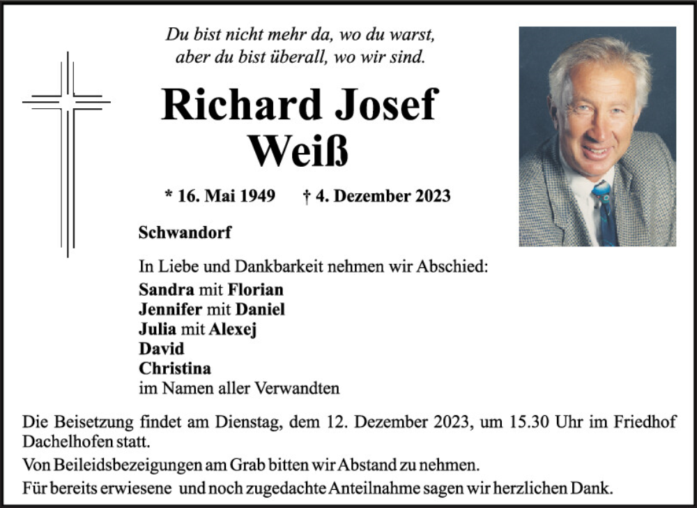  Traueranzeige für Richard Josef Weiß vom 09.12.2023 aus Mittelbayerische Zeitung Schwandorf