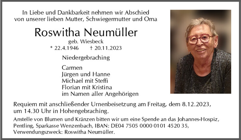  Traueranzeige für Roswitha Neumüller vom 02.12.2023 aus Mittelbayerische Zeitung Regensburg