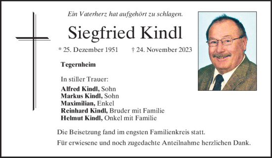 Traueranzeige von Siegfried Kindl von Mittelbayerische Zeitung Regensburg