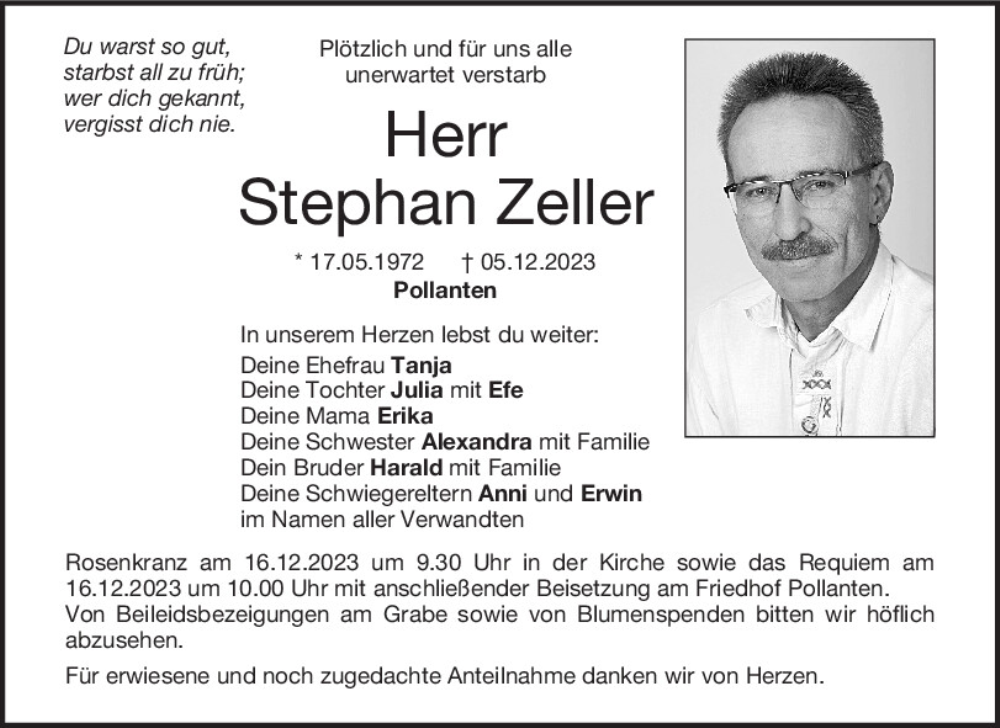  Traueranzeige für Stephan Zeller vom 14.12.2023 aus Neumarkter Tagblatt