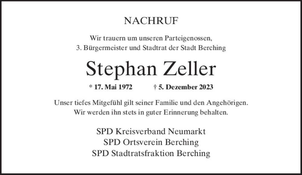  Traueranzeige für Stephan Zeller vom 19.12.2023 aus Neumarkter Tagblatt