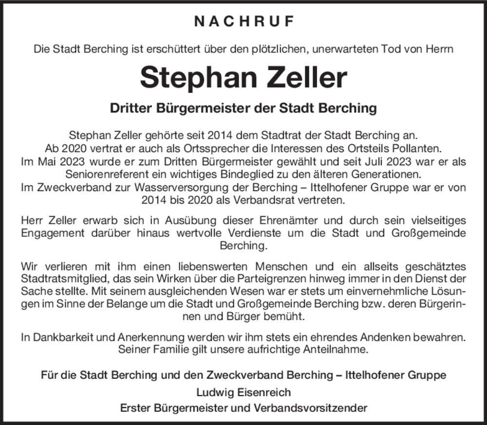  Traueranzeige für Stephan Zeller vom 15.12.2023 aus Neumarkter Tagblatt