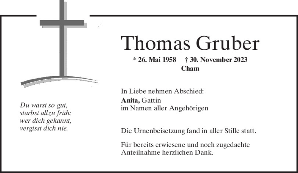  Traueranzeige für Thomas Gruber vom 22.12.2023 aus Bayerwald Echo