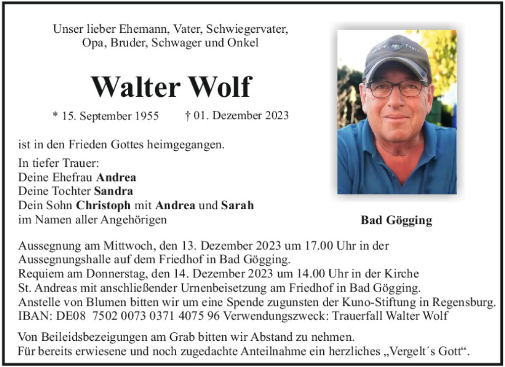  Traueranzeige für Walter Wolf vom 11.12.2023 aus Mittelbayerische Zeitung Kelheim