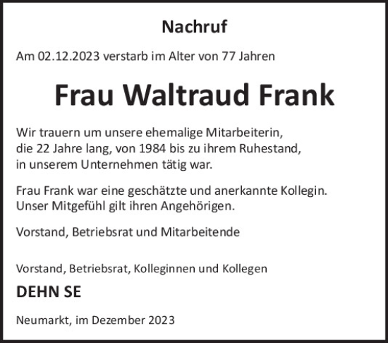 Traueranzeige von Waltraud Frank von Neumarkter Tagblatt