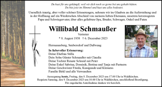 Traueranzeige von Willibald Schmaußer von Neumarkter Tagblatt