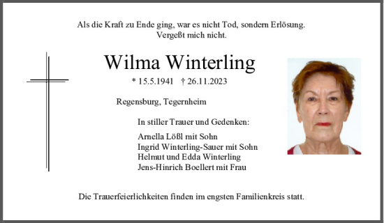 Traueranzeige von Wilma Winterling von Mittelbayerische Zeitung Regensburg