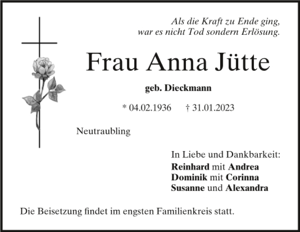  Traueranzeige für Anna Jütte vom 04.02.2023 aus Mittelbayerische Zeitung Regensburg