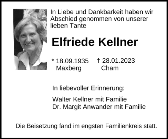 Traueranzeige von Elfriede Kellner von Bayerwald Echo