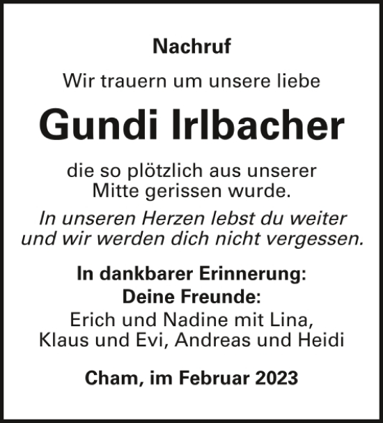 Traueranzeige von Gundi Irlbacher von Bayerwald Echo