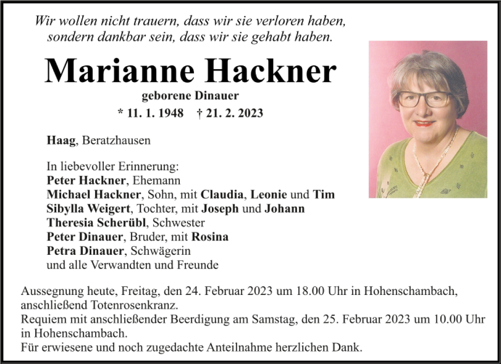  Traueranzeige für Marianne Hackner vom 24.02.2023 aus Mittelbayerische Zeitung Regensburg