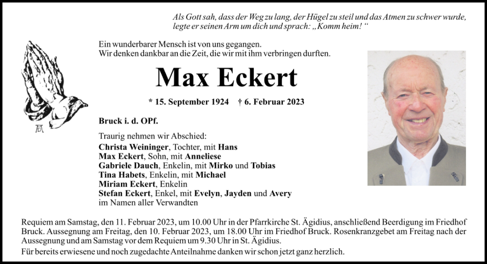  Traueranzeige für Max Eckert vom 08.02.2023 aus Mittelbayerische Zeitung Schwandorf