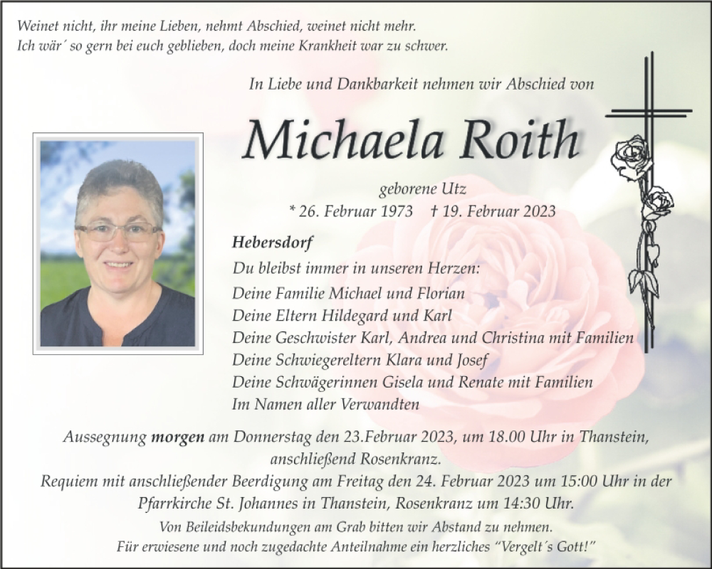  Traueranzeige für Michaela Roith vom 22.02.2023 aus Mittelbayerische Zeitung Schwandorf