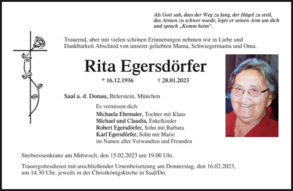 Traueranzeigen von Rita Egersdörfer | Mittelbayerische Trauer