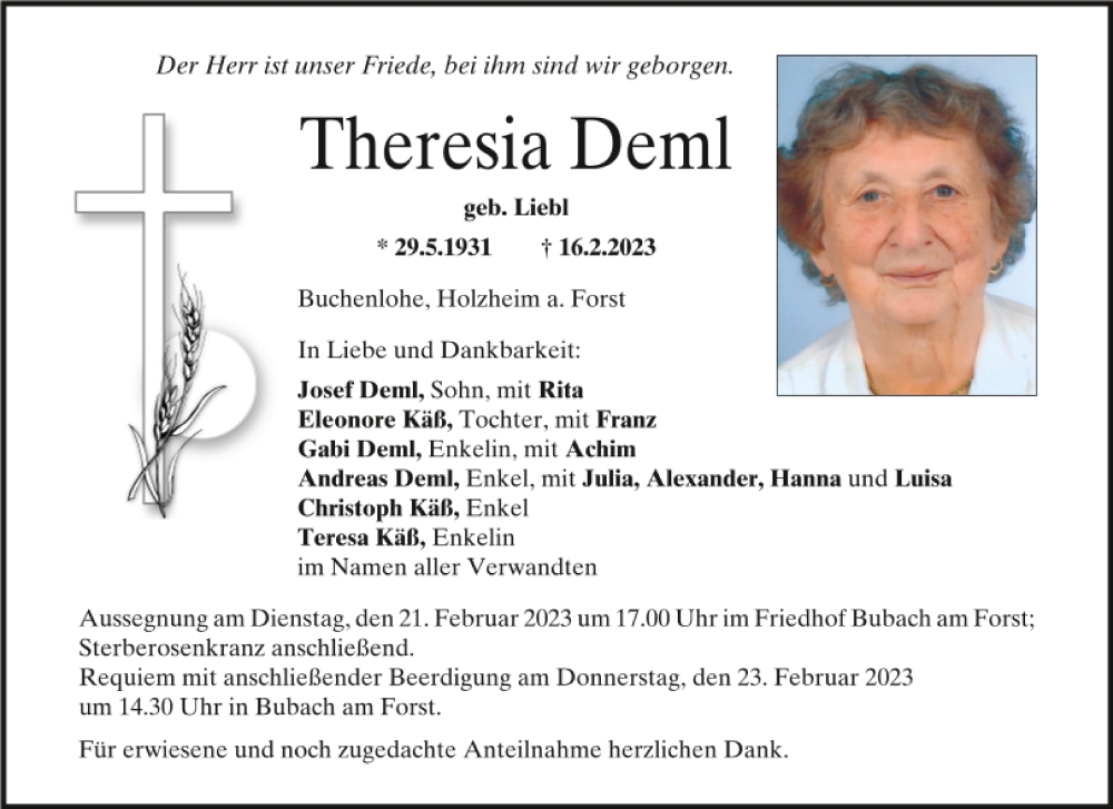 Traueranzeigen von Theresia Deml | Mittelbayerische Trauer