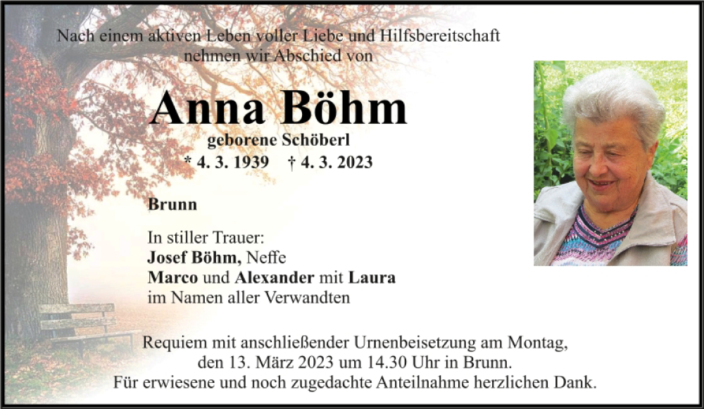  Traueranzeige für Anna Böhm vom 10.03.2023 aus Mittelbayerische Zeitung Regensburg