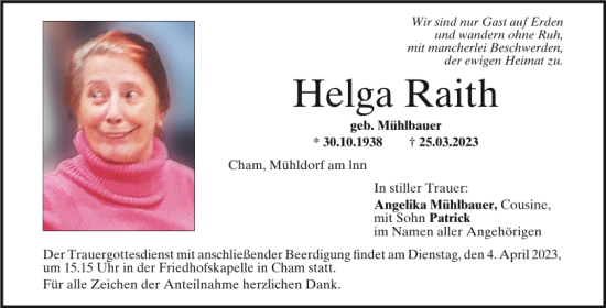 Traueranzeige von Helga Raith von Bayerwald Echo