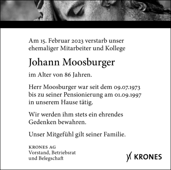 Traueranzeige von Johann Moosburger von Mittelbayerische Zeitung Schwandorf