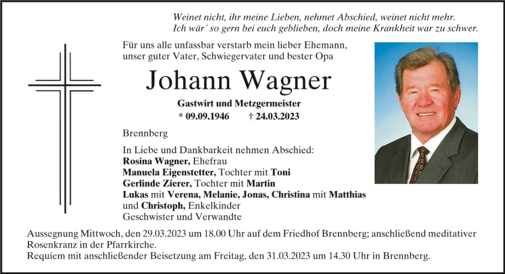  Traueranzeige für Johann Wagner vom 27.03.2023 aus Mittelbayerische Zeitung Regensburg