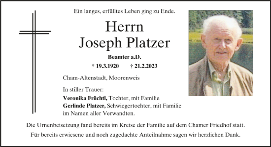 Traueranzeige von Joseph Platzer von Bayerwald Echo