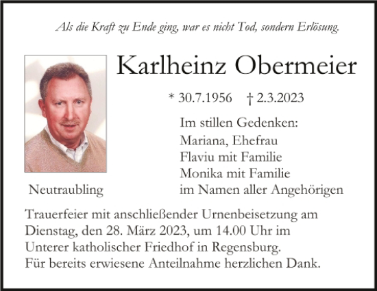 Traueranzeige von Karlheinz Obermeier von Mittelbayerische Zeitung Regensburg