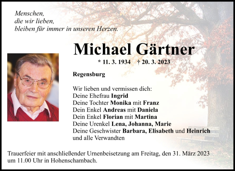  Traueranzeige für Michael Gärtner vom 25.03.2023 aus Mittelbayerische Zeitung Regensburg