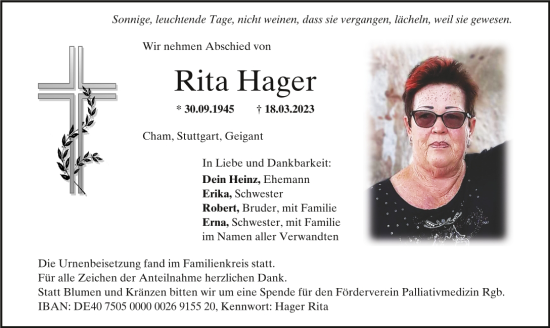 Traueranzeige von Rita Hager von Bayerwald Echo