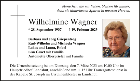 Traueranzeige von Wilhelmine Wagner von Mittelbayerische Zeitung Regensburg