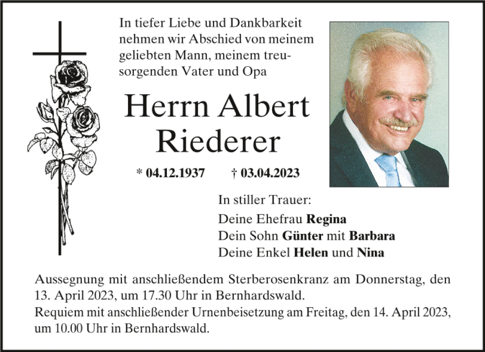  Traueranzeige für Albert Riederer vom 08.04.2023 aus Mittelbayerische Zeitung Regensburg