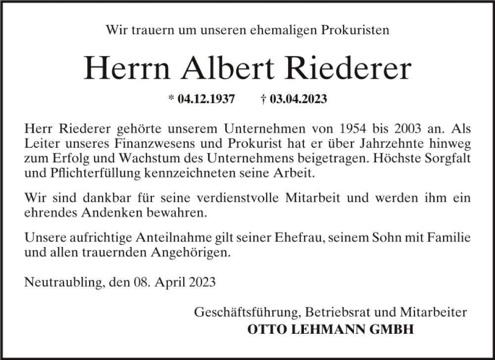  Traueranzeige für Albert Riederer vom 08.04.2023 aus Mittelbayerische Zeitung Regensburg