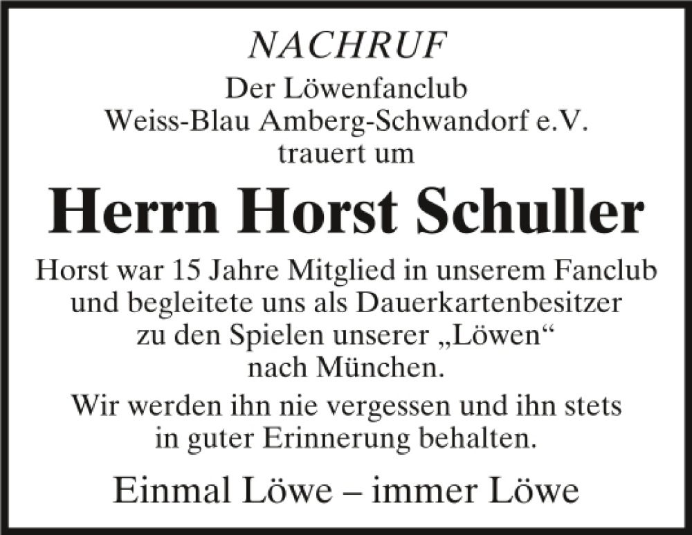 Traueranzeige für Horst Schuller vom 11.04.2023 aus Mittelbayerische Zeitung Schwandorf