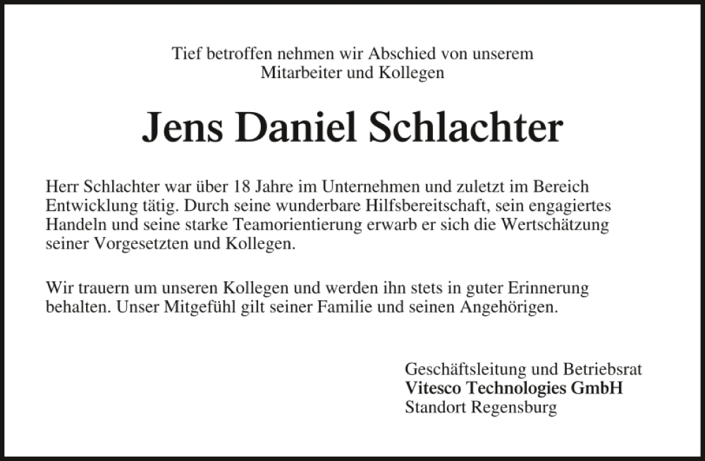  Traueranzeige für Jens Daniel Schlachter vom 22.04.2023 aus Mittelbayerische Zeitung Regensburg