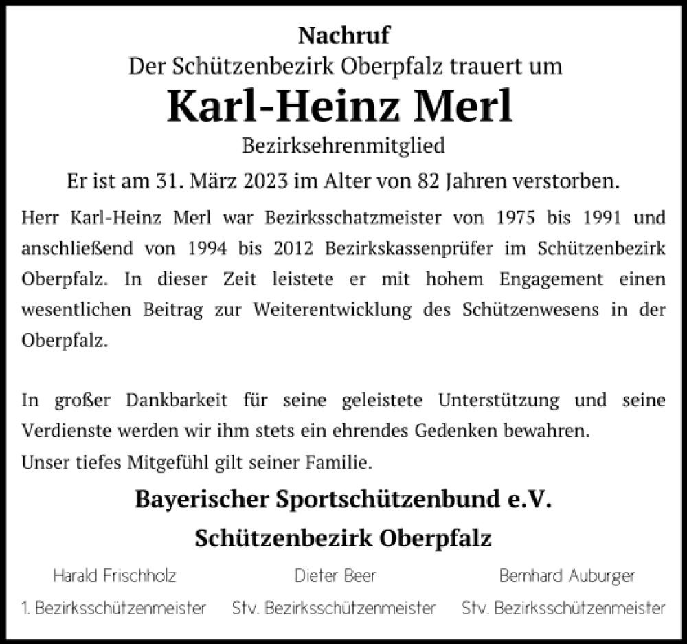  Traueranzeige für Karl-Heinz Merl vom 13.04.2023 aus Mittelbayerische Zeitung Regensburg