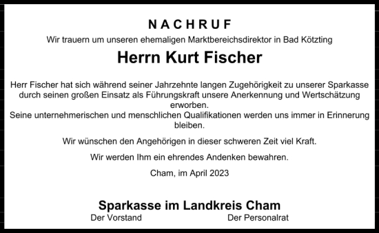 Traueranzeige von Kurt Fischer von Bayerwald Echo