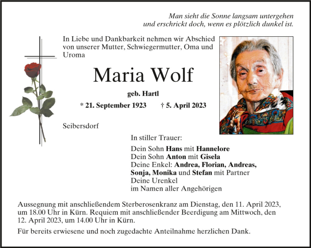  Traueranzeige für Maria Wolf vom 08.04.2023 aus Mittelbayerische Zeitung Regensburg