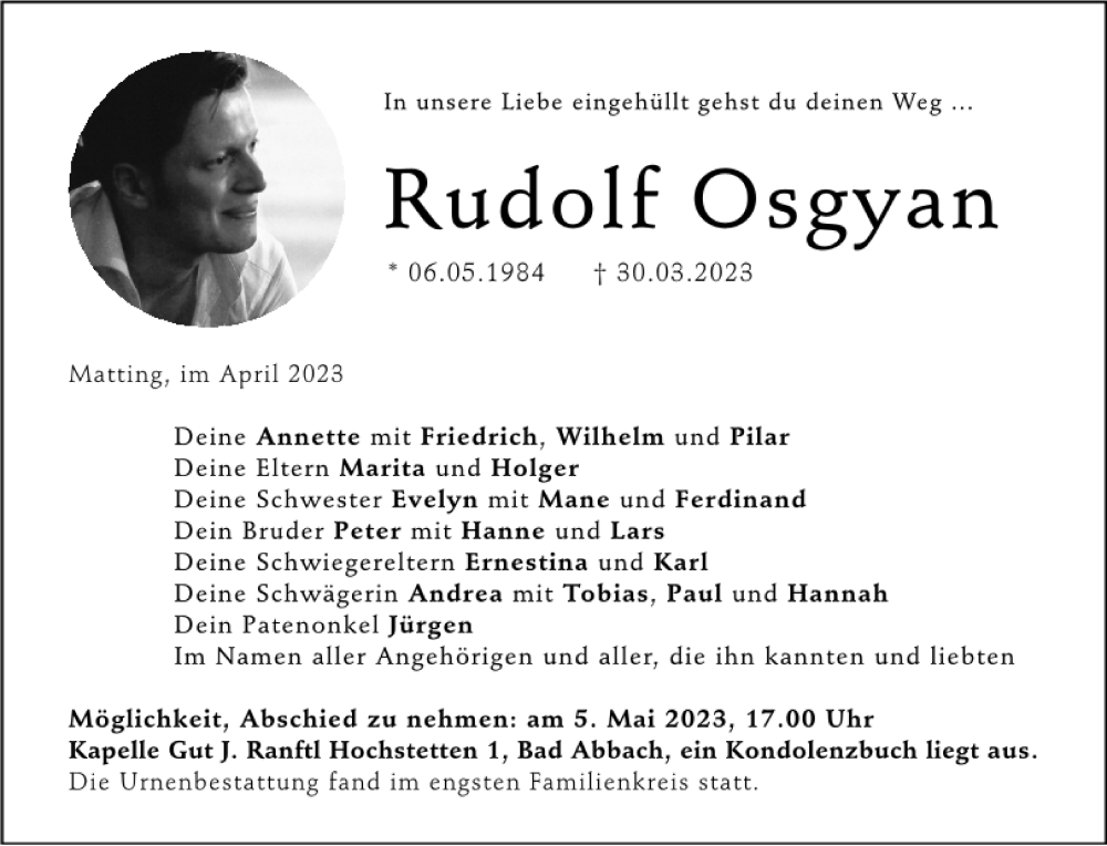  Traueranzeige für Rudolf Osgyan vom 22.04.2023 aus Mittelbayerische Zeitung Regensburg