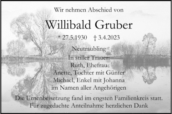 Traueranzeige von Willibald Gruber von Mittelbayerische Zeitung Regensburg