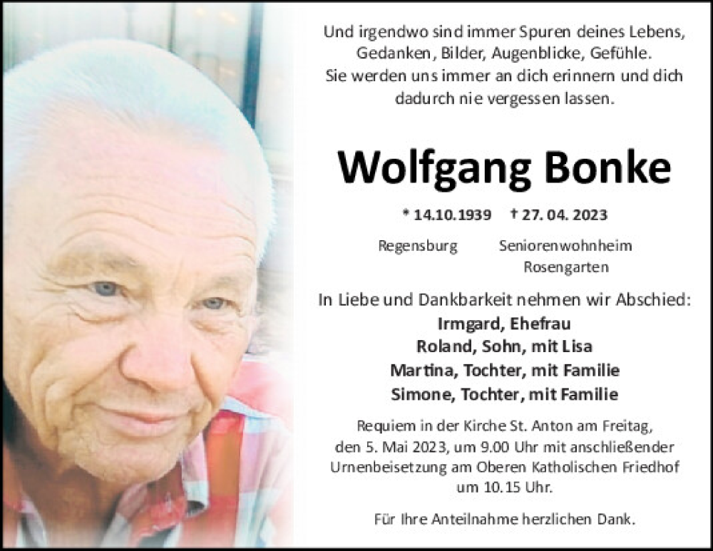  Traueranzeige für Wolfgang Bonke vom 29.04.2023 aus Mittelbayerische Zeitung Regensburg