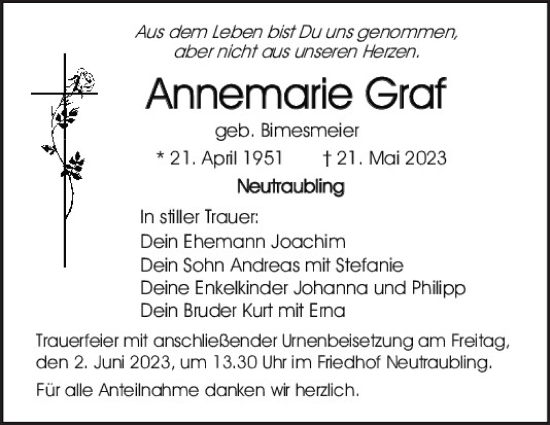 Traueranzeige von Annemarie Graf von Mittelbayerische Zeitung Regensburg