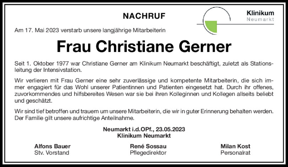  Traueranzeige für Christiane Gerner vom 23.05.2023 aus Neumarkter Tagblatt