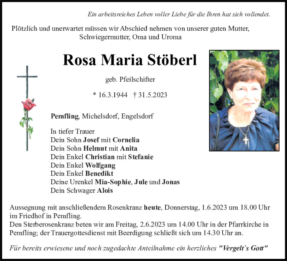 Traueranzeigen von Rosa Maria Stöberl | Mittelbayerische Trauer