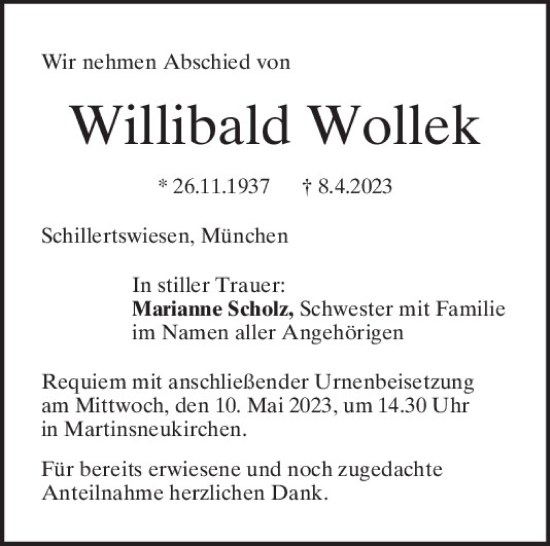 Traueranzeige von Willibald Wollek von Mittelbayerische Zeitung Regensburg