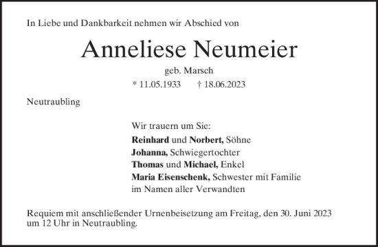 Traueranzeige von Anneliese Neumeier von Mittelbayerische Zeitung Regensburg