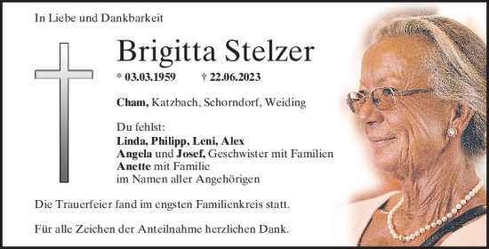 Traueranzeige von Brigitta Stelzer von Bayerwald Echo